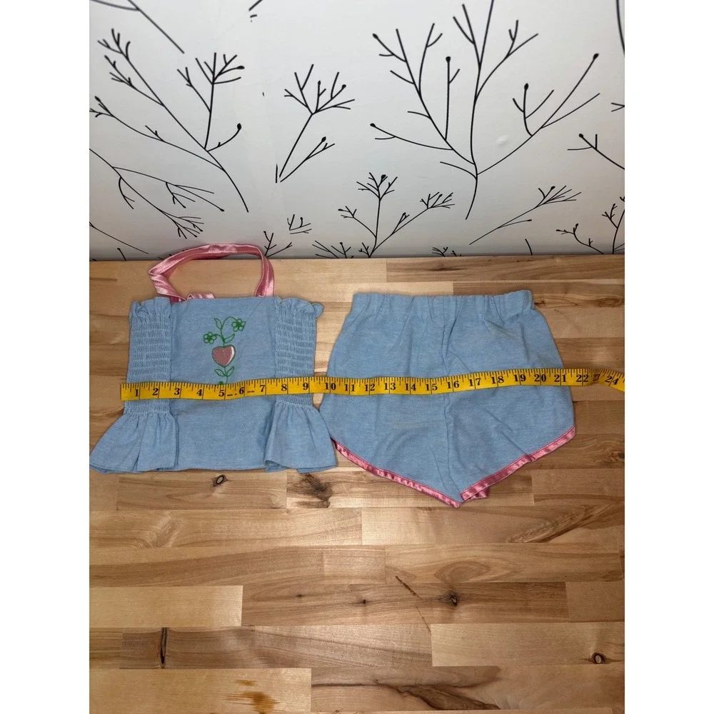 Vintage King Kole Girls Blue Pink Heart Smocked Top Shorts Set Size 5 Miami Made